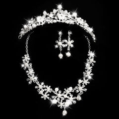 Bridal Headdress Set with Crystal Flower Necklace, Earrings, and European-American Wind Crown
