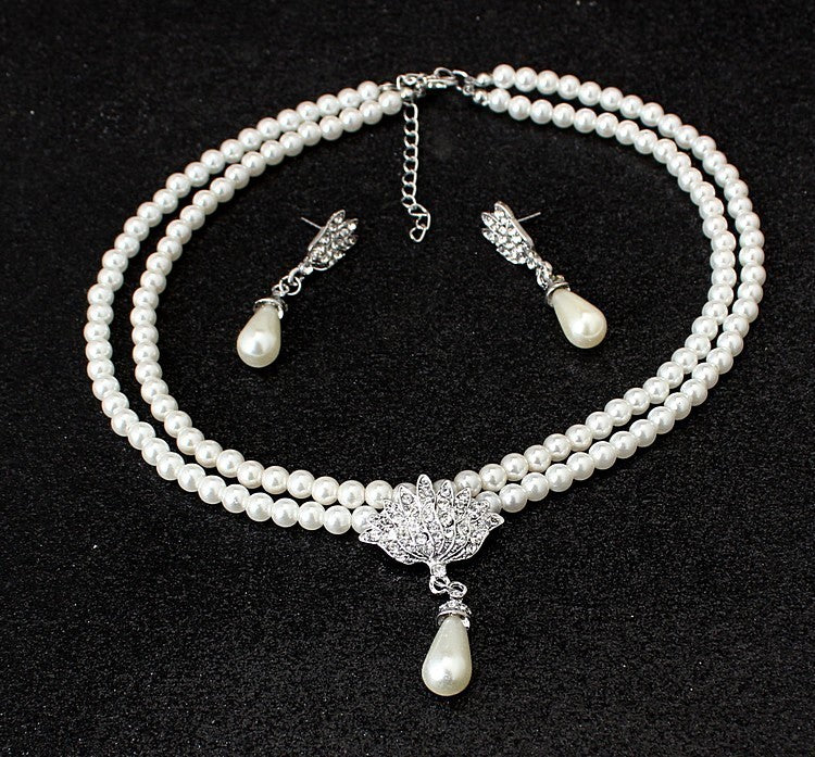  European American Bride Jewelry Pearl Crystal Diamond Necklace Earrings Set 