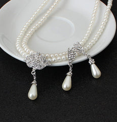 European American Bride Pearl Crystal Diamond Necklace Earrings Set