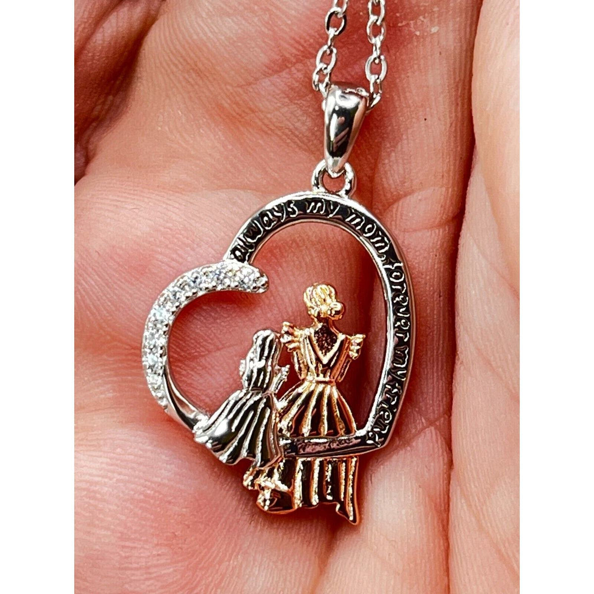 Mother Daughter Necklace 925 Sterling Silver Pendant Gift for Women With CZ