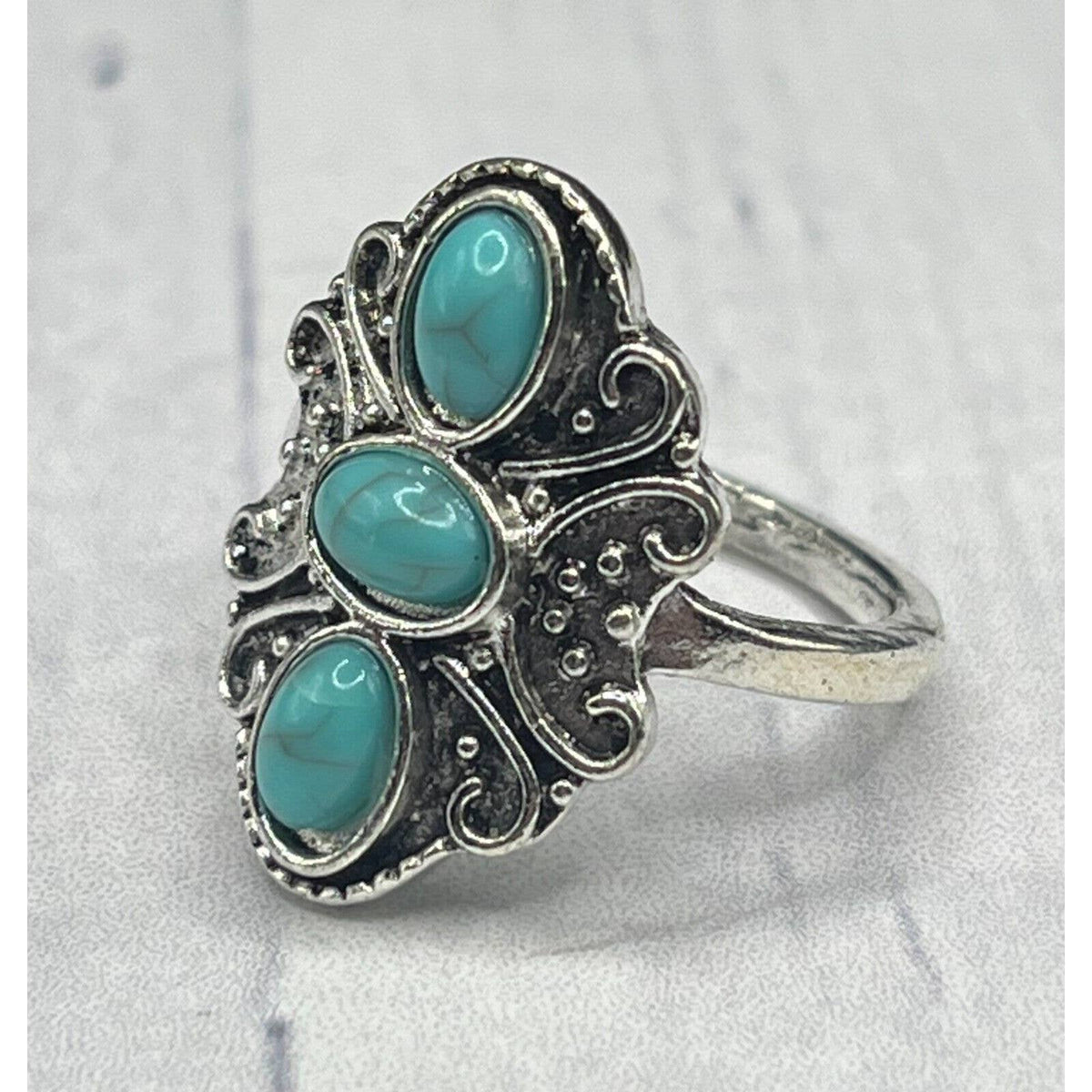 Turquoise 3 Gemstone Silver Handmade Women Ring Size 7